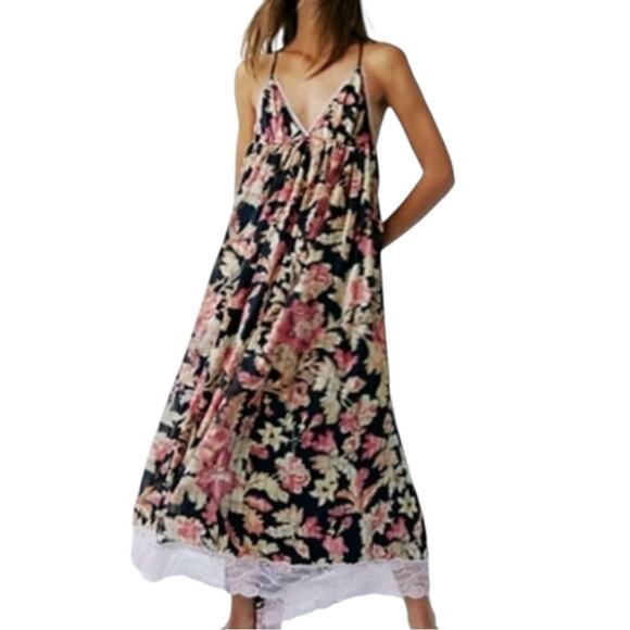NEW Free People Primmy Midi Black Floral Chiffon Pink Lace Resort Boho Dress XL - Picture 3 of 16